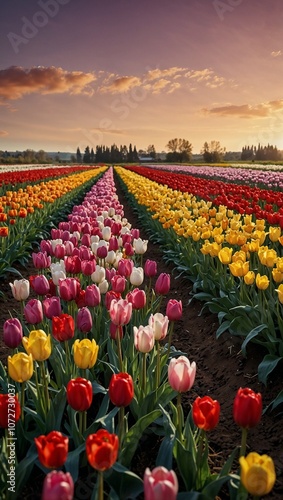 Vibrant tulip field in spring with colorful blooms under a bright blue sky