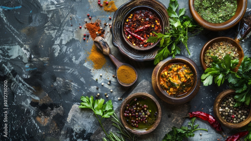 Assortment of Herbs and Spices in Rustic Bowls Assortment of Herbs and Spices in Rustic Bowls