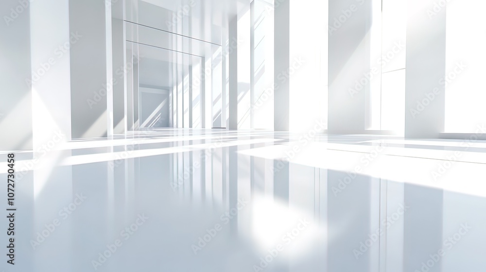 A bright, modern, and clean white interior with large windows and glossy floors. A bright, modern, and clean white interior with large windows and glossy floors.