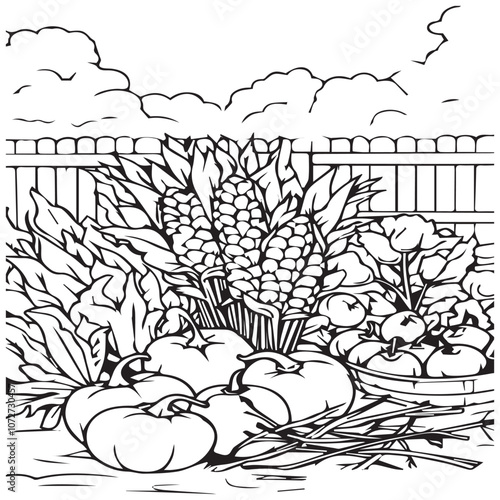 Still life with vegetables. Cabbage, eggplant, tomato, onion, garlic, chili pepper, sweet pepper, cucumber. Stylized black and white vector illustration