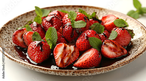 Fresh strawberries drizzled with balsamic vinegar, garnished with mint leaves, create vibrant and delicious dessert. Perfect for summer gatherings or sweet treat