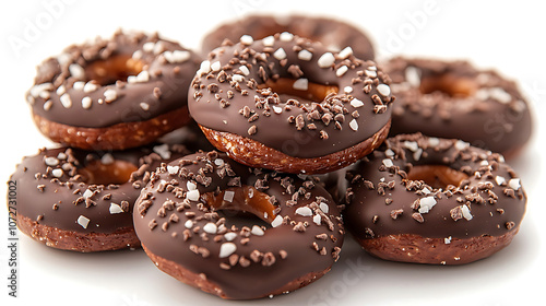 Delicious chocolate covered donuts topped with crunchy sprinkles, perfect for sweet treat. These delightful pastries are ideal for dessert lovers and special occasions