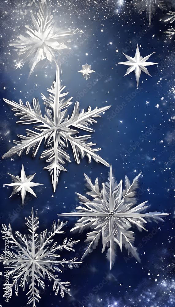 A festive winter background with silver snowflakes and stars on a dark blue backdrop, creating a magical and elegant holiday atmosphere. A festive winter background with silver snowflakes and stars on a dark blue backdrop, creating a magical and elegant holiday atmosphere.
