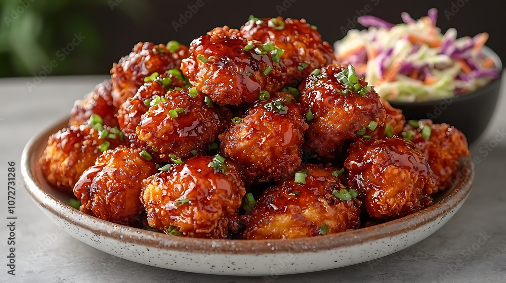 Delicious honey butter fried chicken piled high, garnished with green onions, served with side of colorful coleslaw. Perfect for sharing and enjoying! Delicious honey butter fried chicken piled high, garnished with green onions, served with side of colorful coleslaw. Perfect for sharing and enjoying!
