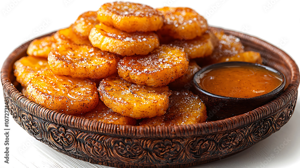 Delicious honey drizzled fried plantains piled in decorative basket, served with rich dipping sauce. perfect blend of sweetness and flavor Delicious honey drizzled fried plantains piled in decorative basket, served with rich dipping sauce. perfect blend of sweetness and flavor