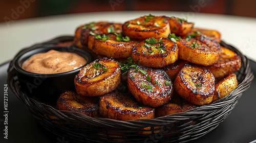 Delicious honey drizzled fried plantains arranged in basket, served with flavorful dipping sauce. perfect blend of sweetness and spice for any occasion