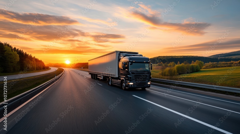 Efficient Truck on Highway at Sunrise Efficient Truck on Highway at Sunrise