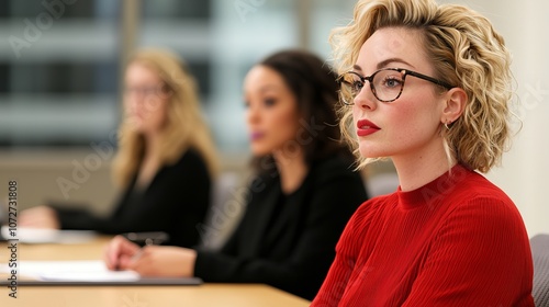 A focused woman wearing glasses sits at a conference table, flanked by two colleagues, all engaged in a serious discussion.