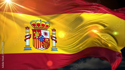 Majestic Spanish Flag Waving in the Wind with Dramatic Lighting and Lens Flares