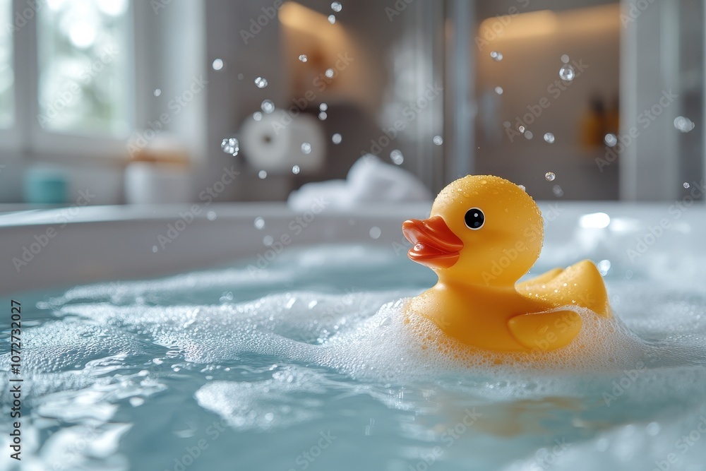 Close-Up of a Rubber Duck in a Bathtub with Soap Suds – Yellow Toy for Children's Play and Fun Games with Copy Space for Banner Design
Close-Up of a Rubber Duck in a Bathtub with Soap Suds – Yellow Toy for Children's Play and Fun Games with Copy Space for Banner Design