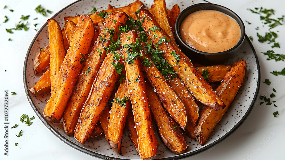 Crispy sweet potato fries arranged on plate, garnished with parsley and served with dipping sauce. delicious and healthy snack option Crispy sweet potato fries arranged on plate, garnished with parsley and served with dipping sauce. delicious and healthy snack option