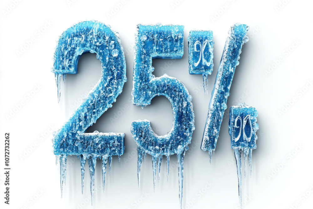 Icy blue 25 percent sign with frost and drips on white background, conceptual image for discounts or statistics Icy blue 25 percent sign with frost and drips on white background, conceptual image for discounts or statistics