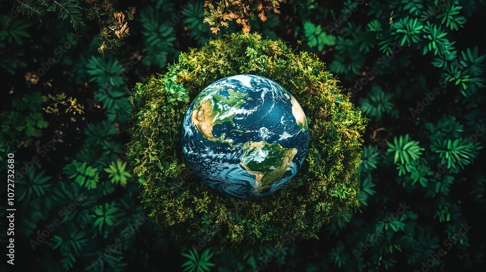 A globe of Earth surrounded by a wreath of lush green foliage symbolizing the importance of protecting and preserving our planet. A globe of Earth surrounded by a wreath of lush green foliage symbolizing the importance of protecting and preserving our planet.