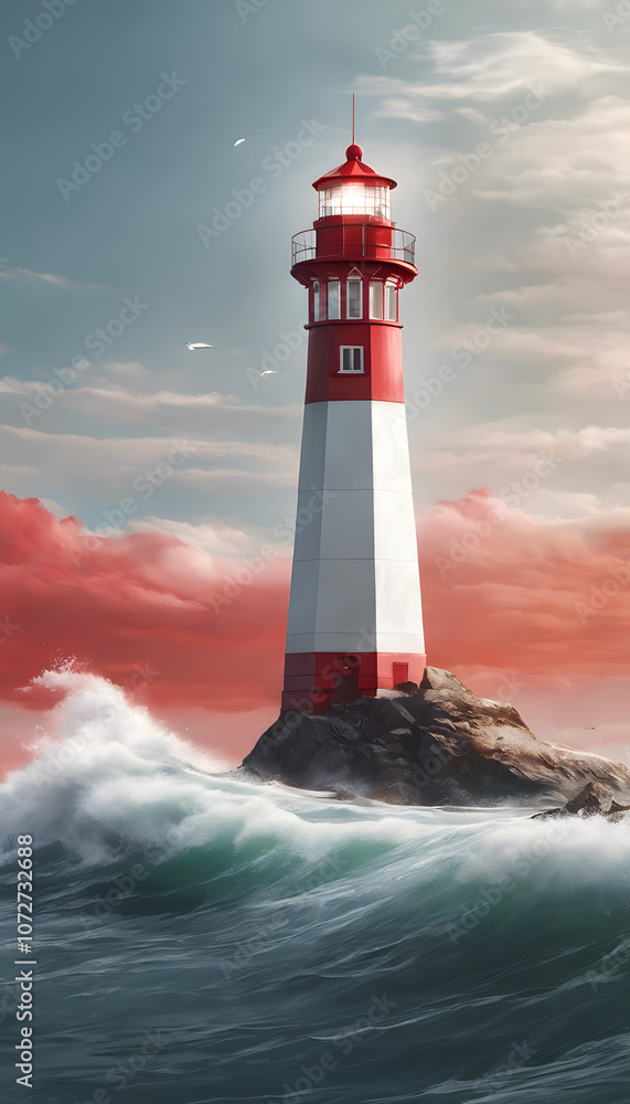 A red and white lighthouse stands on a rocky shore amidst turbulent ocean waves under a cloudy sky. A red and white lighthouse stands on a rocky shore amidst turbulent ocean waves under a cloudy sky.