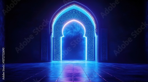 A glowing blue neon archway with intricate Islamic patterns.