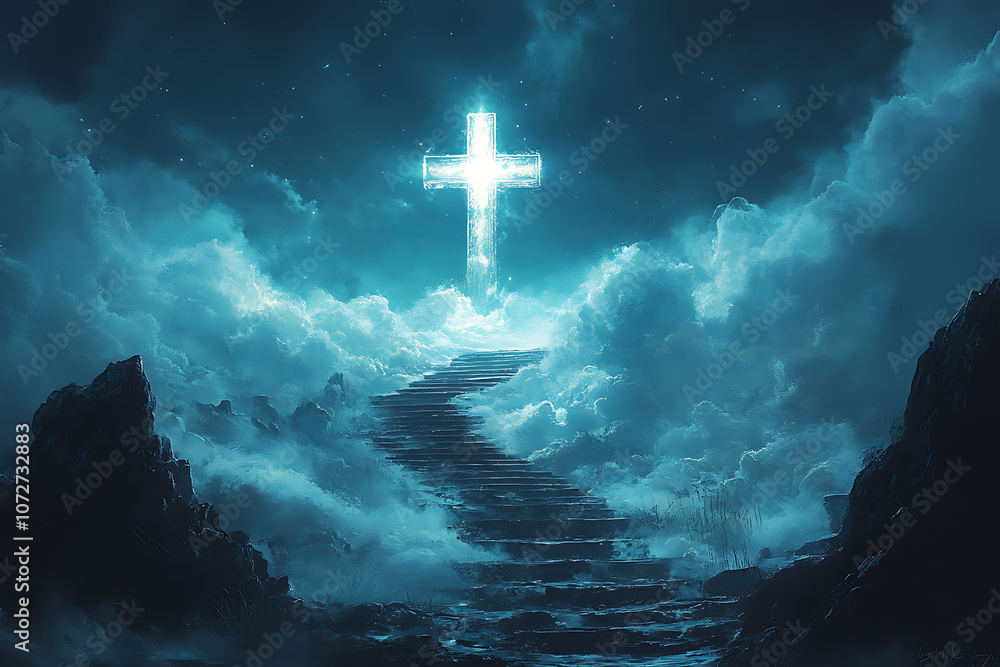 A cross in the sky, shining brightly, surrounded by clouds with stairs leading up to it. The colors are blue and white, in a hyper-realistic style A cross in the sky, shining brightly, surrounded by clouds with stairs leading up to it. The colors are blue and white, in a hyper-realistic style