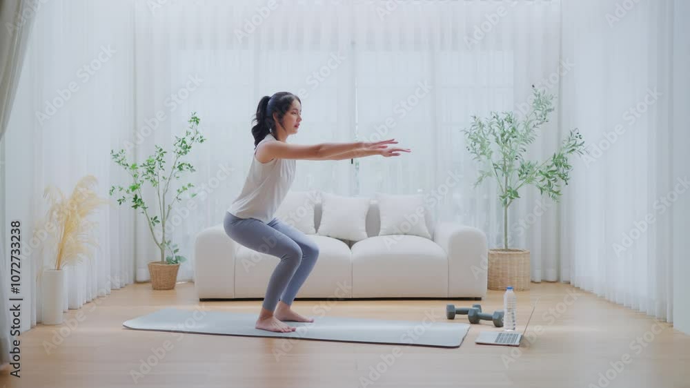 Young Asian beautiful woman doing aerobic exercise at home. Attractive girl doing workout by squatting, follow instructions video from online trainer for health in house Young Asian beautiful woman doing aerobic exercise at home. Attractive girl doing workout by squatting, follow instructions video from online trainer for health in house