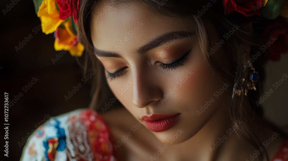 Naklejka premium A young woman embodies tradition with flowers in her hair for Mexican Independence Day celebrations