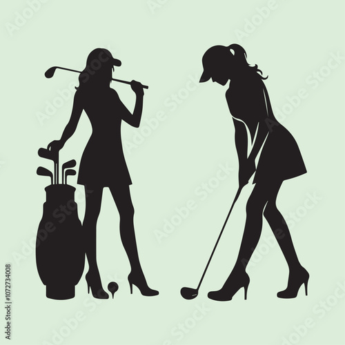 black woman golfer sport vector, Golfer woman silhouette vector icon black and white full body