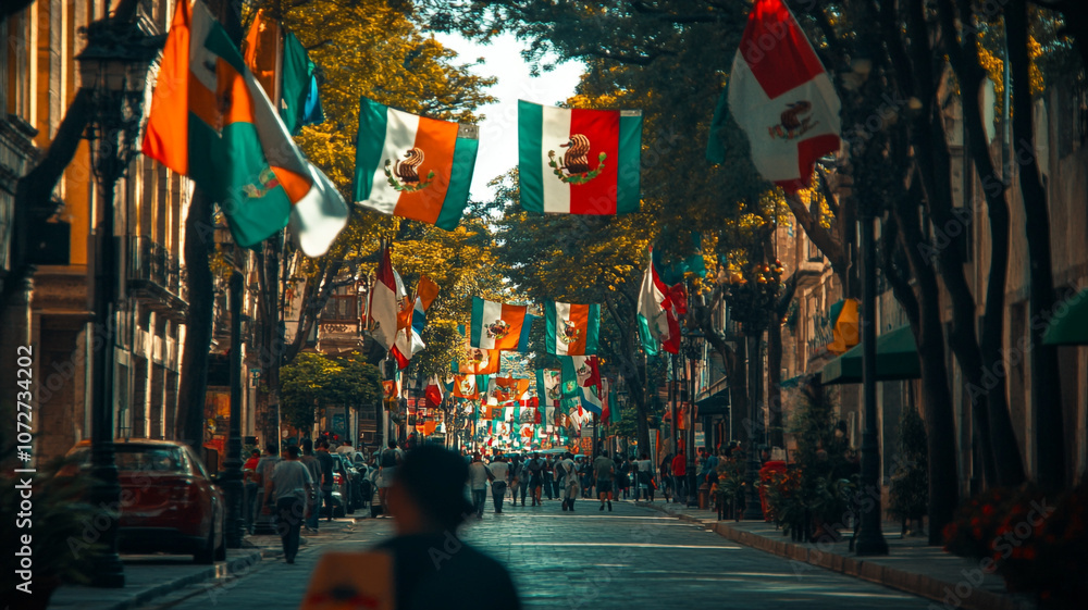 Fototapeta premium Celebration of Mexican Independence Day with vibrant flags lining the streets in Mexico City