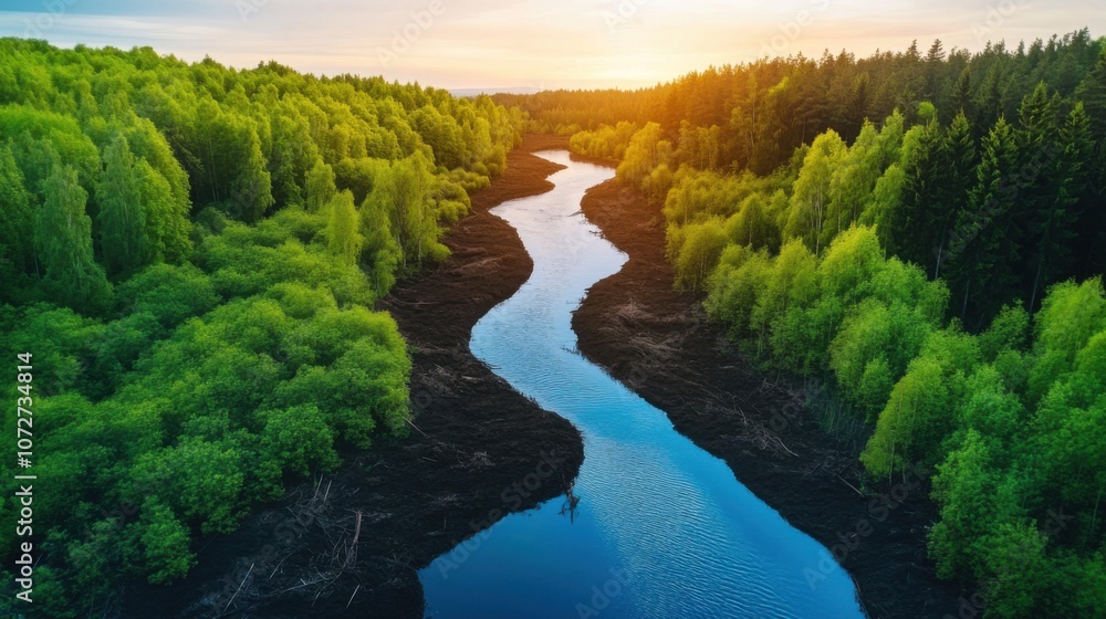 River Landscape with Lush Green Forest and Sunset River Landscape with Lush Green Forest and Sunset
