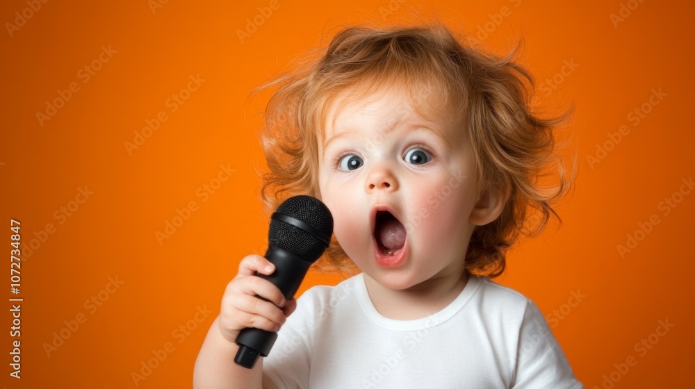 Excited toddler singing with a microphone against a bright orange background in a playful indoor setting Excited toddler singing with a microphone against a bright orange background in a playful indoor setting