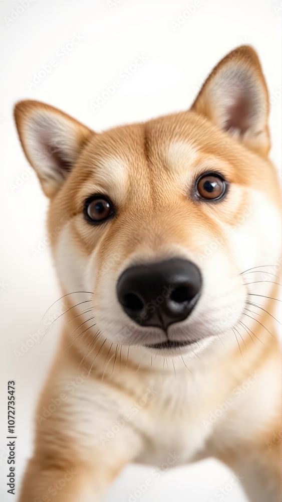 Generative AI, close-up of a Shiba Inu puppy against white background Generative AI, close-up of a Shiba Inu puppy against white background