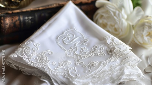 A delicate lace handkerchief with an embroidered monogram adding a personal touch to this timeless accessory. An ideal gift for someone special.