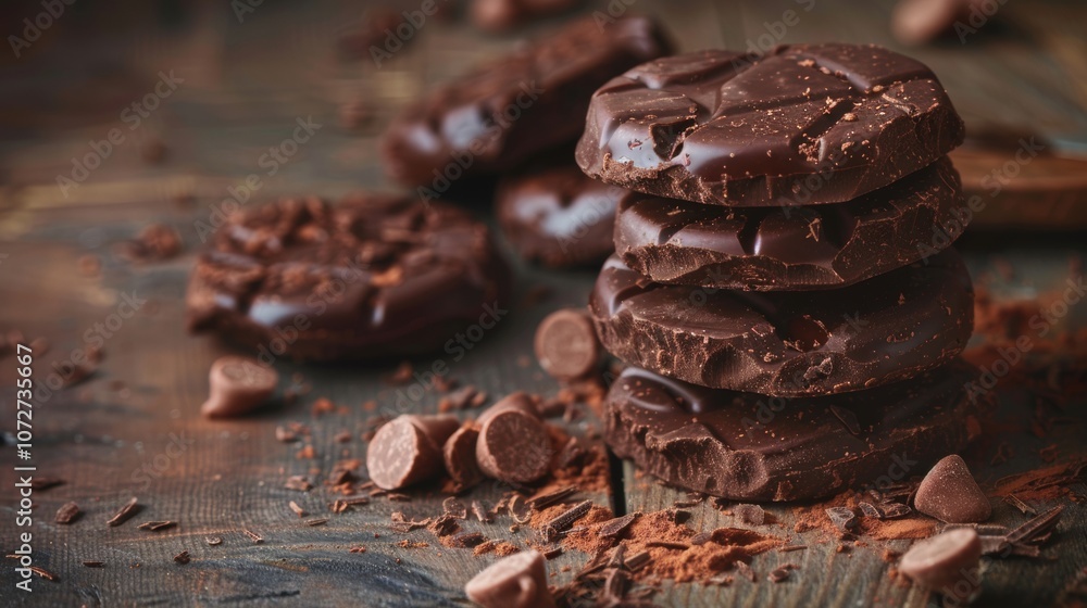 Stacked chocolate pieces with cocoa on wooden surface Stacked chocolate pieces with cocoa on wooden surface