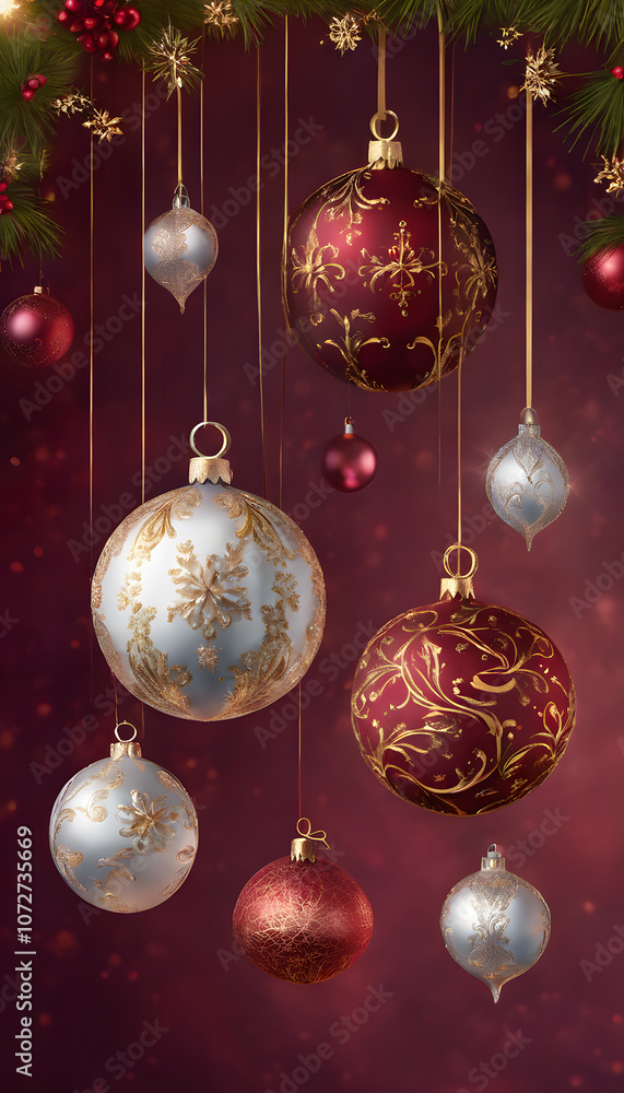 Elegant Christmas ornaments with intricate gold designs on a blurred festive background. Elegant Christmas ornaments with intricate gold designs on a blurred festive background.