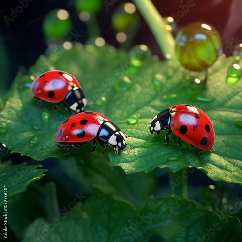 Three ladybugs on green leaves with droplets, showcasing nature's beauty and detail.