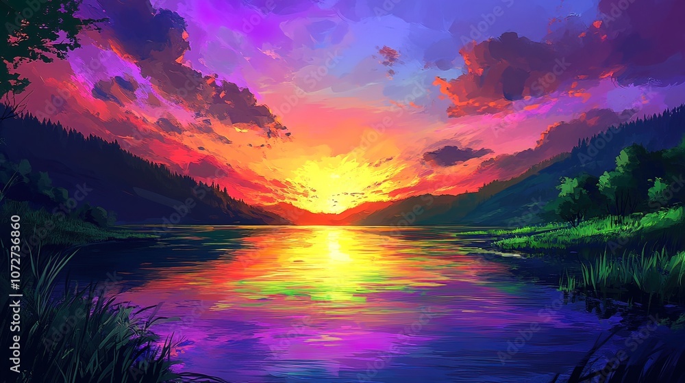 A vibrant sunset over a still lake, casting a colorful reflection on the water. A vibrant sunset over a still lake, casting a colorful reflection on the water.
