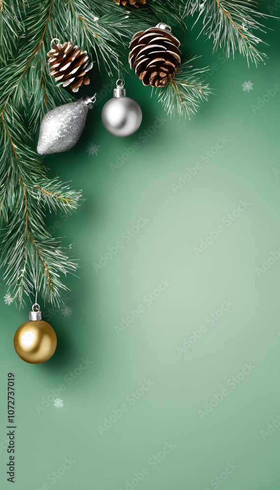 Festive Christmas background with pine branches, ornaments, and pinecones. Festive Christmas background with pine branches, ornaments, and pinecones.