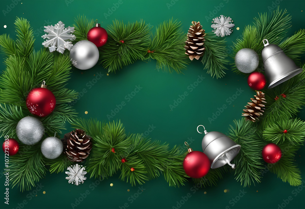 Festive Christmas background with pine branches, ornaments, and pinecones. Festive Christmas background with pine branches, ornaments, and pinecones.