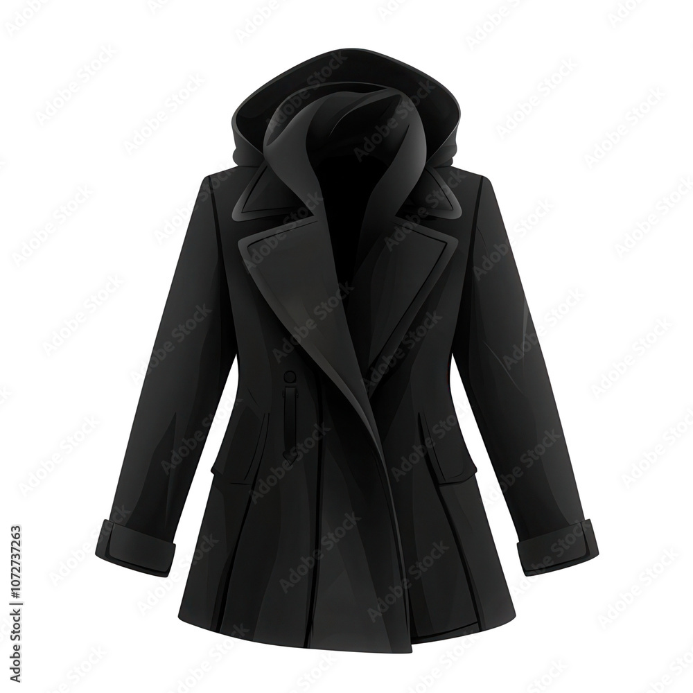 Stylish black winter coat isolated on transparent background for fashion and design projects