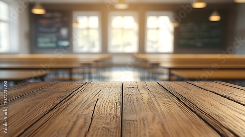 Empty wooden table and chairs in a classroom for product display montage