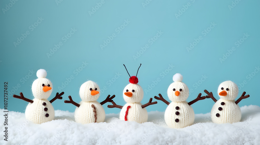 little knitted snowmans on soft snow on blue background little knitted snowmans on soft snow on blue background