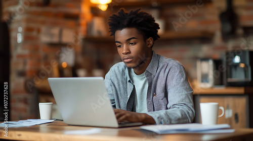 A young man is sitting at a table with a laptop open in front of him