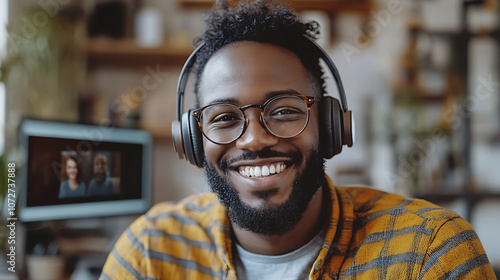 A man wearing glasses and headphones is smiling