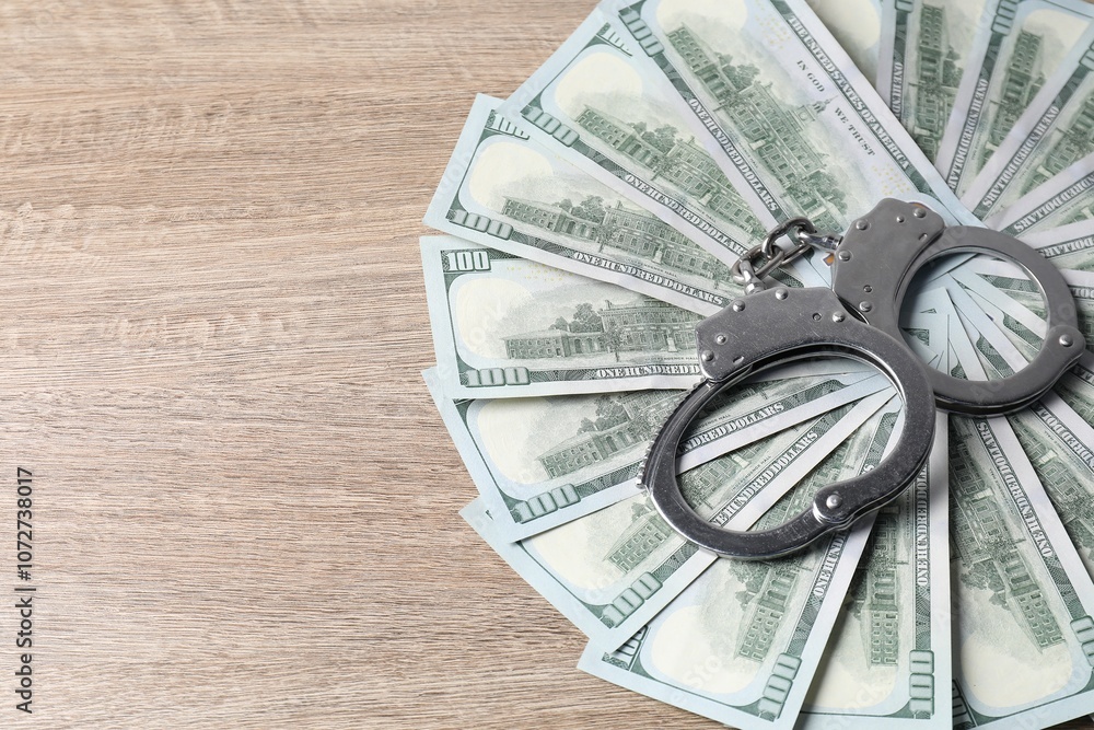 Corruption. Handcuffs and dollar banknotes on wooden table, space for text Corruption. Handcuffs and dollar banknotes on wooden table, space for text