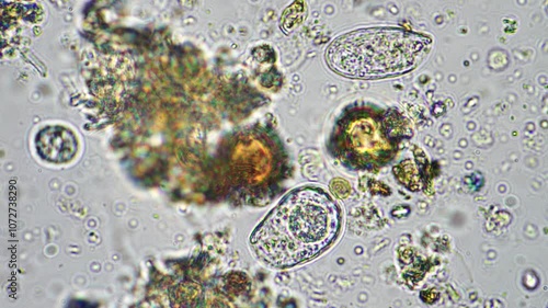 microorganisms under a microscope feeding on bacteria  photo