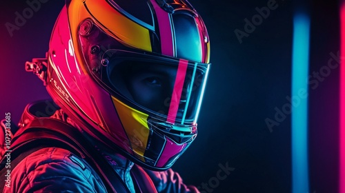 Race car driver helmet with neon glow and copy space – futuristic motorsport.