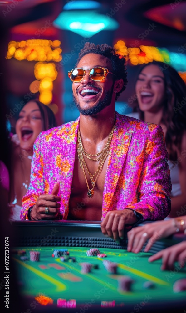 Fototapeta premium Winning joy: a beaming individual celebrating a lucky win at the casino, with emotions of exhilaration and disbelief, as the rush of excitement spreads through the lively gaming environment.