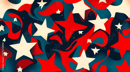 Abstract red and blue background with white star patterns and bold contrasts.