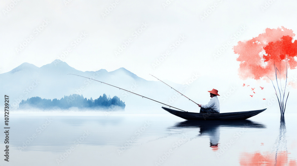 Pink watercolor painting of a man sitting in a boat and fishing at lake Pink watercolor painting of a man sitting in a boat and fishing at lake