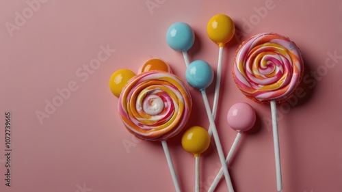 Top view vibrant sweet candy and lollipops over a pink background with copy space