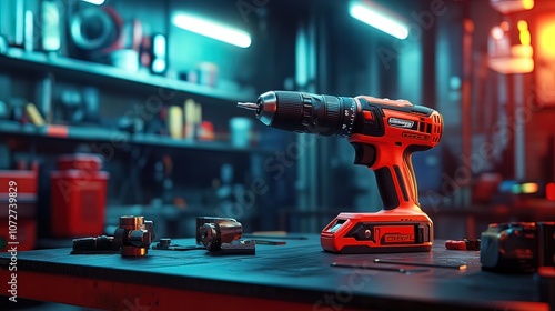 Close up of a red electric drill and tools on a workbench in a dark garage with neon lights.