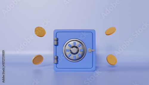 Safe with gold coins around, Finance saving technology symbol concept photo