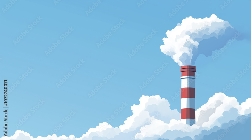 a tall smokestack, with red and white stripes, set against a blue sky with clouds The smokestack appears to be emitting air pollution a tall smokestack, with red and white stripes, set against a blue sky with clouds The smokestack appears to be emitting air pollution