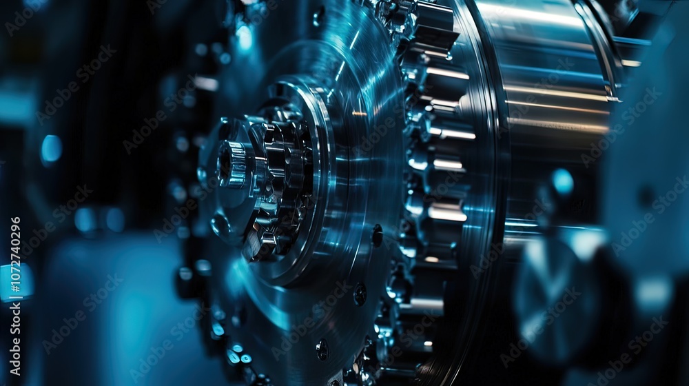 Close-up of a shiny metal gear mechanism with a blue light reflection. Close-up of a shiny metal gear mechanism with a blue light reflection.